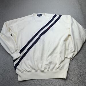 VINTAGE Polo Ralph Lauren Sweater Large White Blue Label Sash V Neck Pony 90s